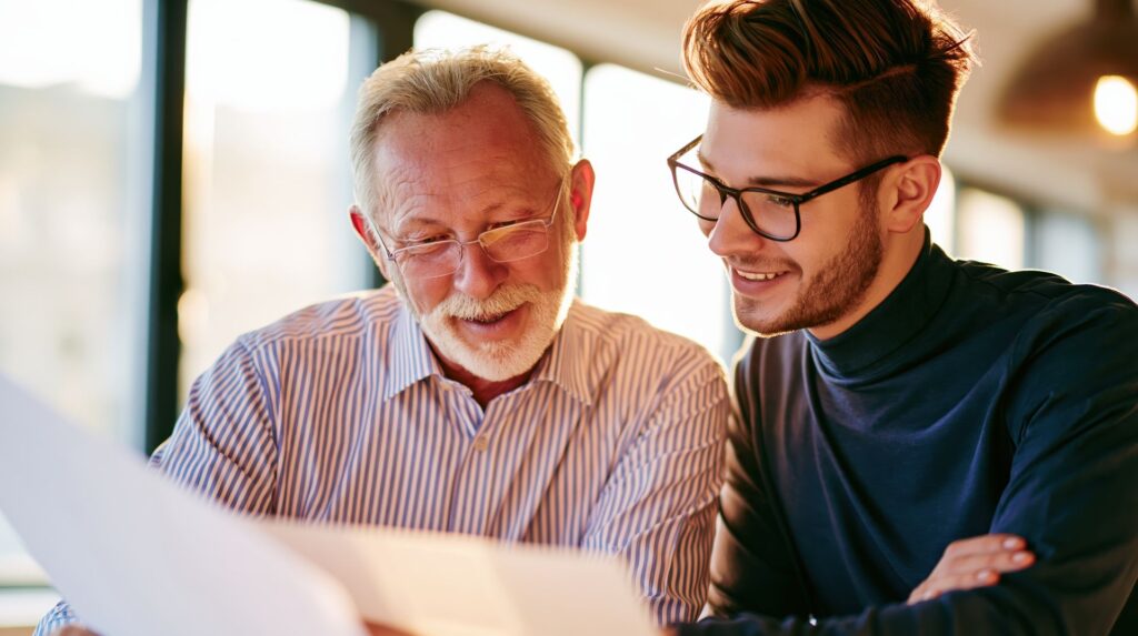 Senior et son aidant qui se renseignent sur l'éligibilité à l'APA