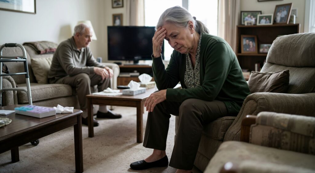 Aidante qui cumule fatigue physique, isolement et stress